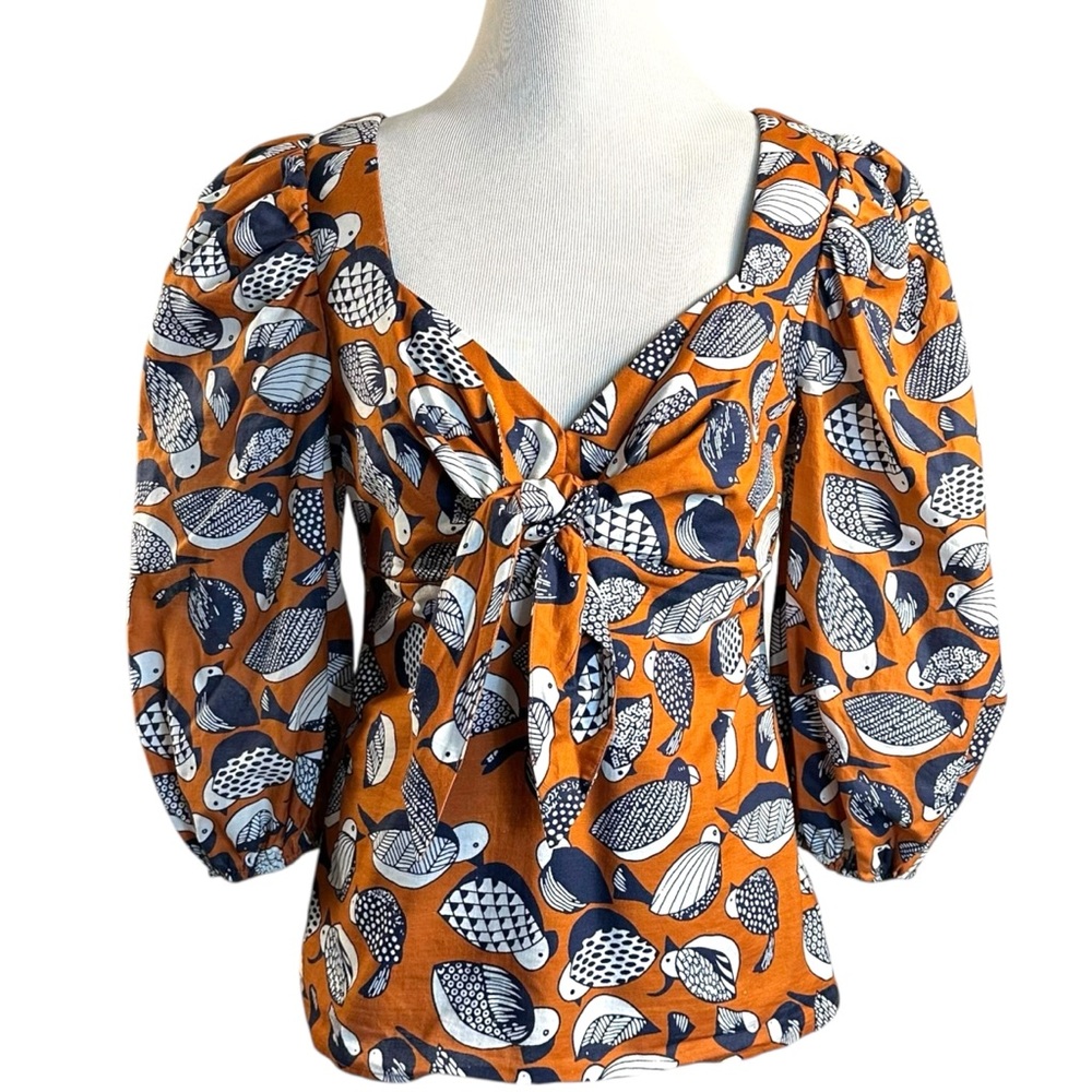 Anthropologie Eva Franco Whimsical Bird Puff Sleeve Sweetheart Blouse Size 6 - Picture 4 of 13
